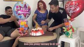 Busty Stepmom Gets Double-Teamed by Stepsons on Her Birthday While Hubby's at Work