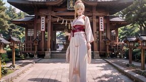 Kneeling under the Torii gate in a beige modified kimono, she touches her chest and traces her collarbon
