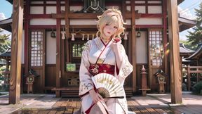 Kneeling under the Torii gate in a beige modified kimono, she touches her chest and traces her collarbon