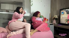 lesbian girls farting and burping while watching anime