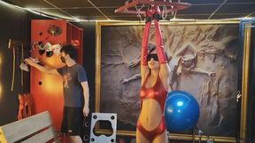 Extreme tiptoeing training and wooden cage suspension restraint