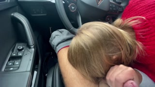 Sloppy handjob and balls licking in car at supermarket parking lot with huge cumshot - Public