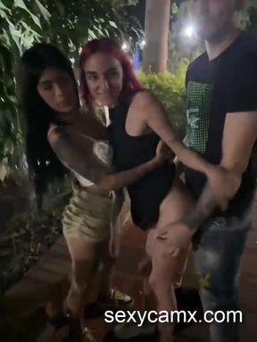 Two hot latina sluts suck cock and get fucked in public park