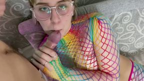 Cutie In Net And Glasses Sucked To Intense Cum In Her Mouth And On Face