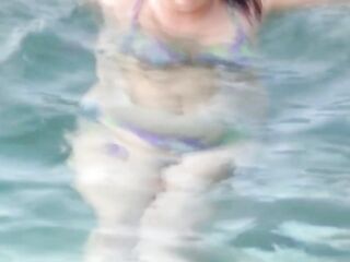 My wife shows off on the beach, masturbates, and gets cummed in her cunt—real cuckold.