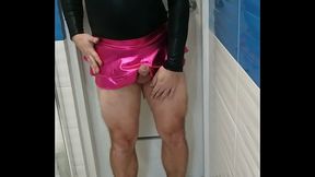 Tranny in sexy leotard and shiny skirt