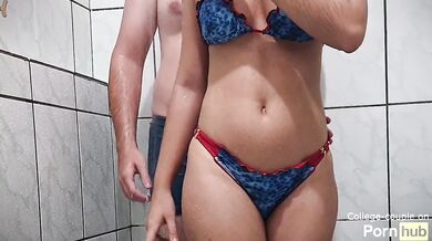 Dry humping in wet clothes, handjob cum in pants in the shower