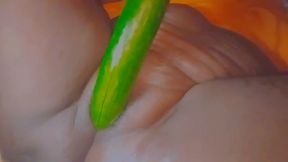 Virgin chubby woman tries to masturbate with a big cucumber
