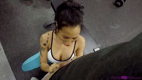 Whorish babe Amia Miley takes a big in her mouth and pussy at the gym