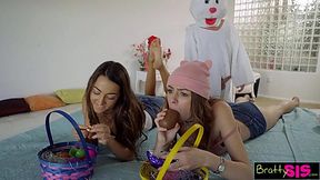 Easter Bunny's dick hunts for Lily Adam's and stepsis's juicy pussies