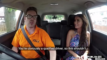 Busty brit publicly rides her driving instructor