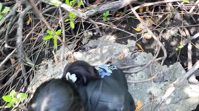 Filipina cumshot in pussy while sucking dick outdoors in risky public fuck