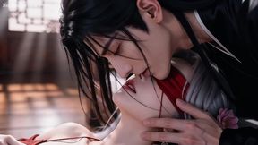 a chinese classical beauty with skin as white as snow, dressed in red and with white hair. blowjob, cum, first episode, ai-generated