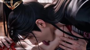 a chinese classical beauty with skin as white as snow, dressed in red and with white hair. blowjob, cum, first episode, ai-generated