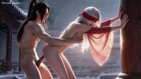 a chinese classical beauty with skin as white as snow, dressed in red and with white hair. blowjob, cum, first episode, ai-generated