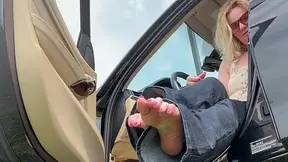 Barefoot Blonde Drives BMW with Long Jeans