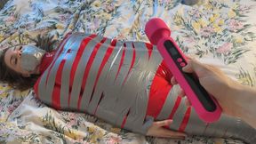 mummification with duct tape on girl wearing catsuit and denial [360p]