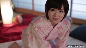 Two perverts enjoy toying hairy pussy of sexy milf in kimono You Asakura