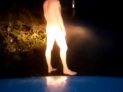 Christmas tshirt and nude. Hiding from traffic at roadside