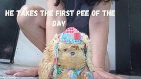 He takes the first pee of the day