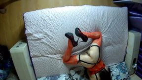 Scarlet lace lingerie clings to slender wife's curves