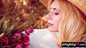 Petite blonde teen hottie Angel Sway introduces her juicy fruits outdoor