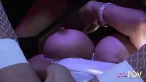 Big tits blonde lesbian striptease dancer picks up a guest