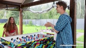 Hazel Grace playing strip fussball