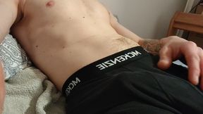 Masturbation with a vibrator in the ass cums on the chest