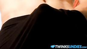 ”Skinny young twink jerks off his dick & cums in undies”