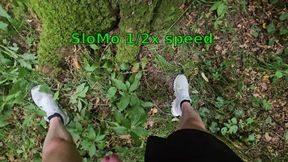 Quick wank in the woods shooting against a tree trunk