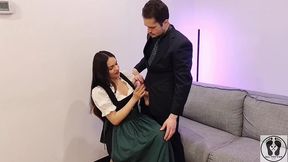 ana spears jerks off her boss s dick cum on dirndl apron