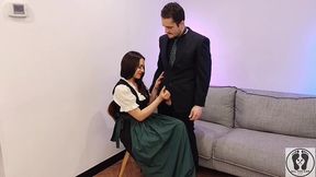 ana spears jerks off her boss s dick cum on dirndl apron