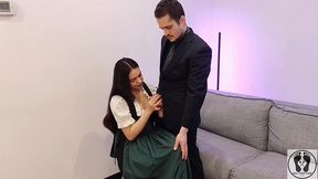 ana spears jerks off her boss s dick cum on dirndl apron