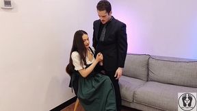 ana spears jerks off her boss s dick cum on dirndl apron