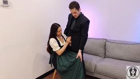 ana spears jerks off her boss s dick cum on dirndl apron