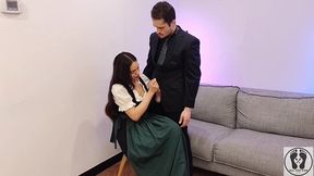 ana spears jerks off her boss s dick cum on dirndl apron