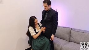 ana spears jerks off her boss s dick cum on dirndl apron