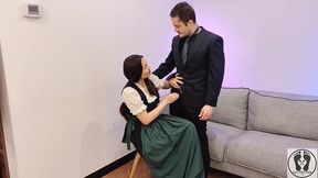 ana spears jerks off her boss s dick cum on dirndl apron