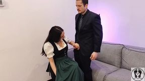 ana spears jerks off her boss s dick cum on dirndl apron