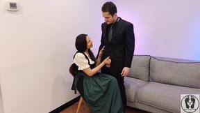 ana spears jerks off her boss s dick cum on dirndl apron