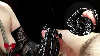 Slow and sensitive handjob with black latex gloves