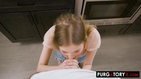 Petite blonde babysitter Coco Lovelock gags on big cock during interview