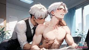 The Sexy, White-haired Guy Drenches the Cubicle with Cum, Turning It Into a Sequence of Muscular, Crazy Orgies!