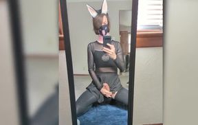 Femboy ass stuffed with big cock gushing cum facing mirror while jerking off
