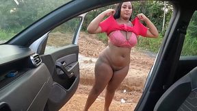 Busty Brazilian babe shows off her massive big ass in a car