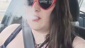 Female Smoking While Driving - Red Lips & Cigarette Dangling