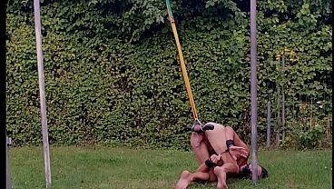naked pathetic white slave outdoor testicles in humbler tied up, handcuffed, ready get used as fucktoy, CMNM