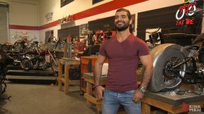 Hot biker gets edged in the motorcycle garage