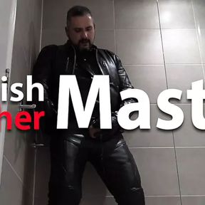 Leather daddy pisses in shower from uncut cock PREVIEW